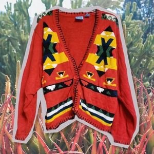 Vintage 90s Y2K Southwestern Cardigan Sweater Beyond Blue Red Yellow Black Green